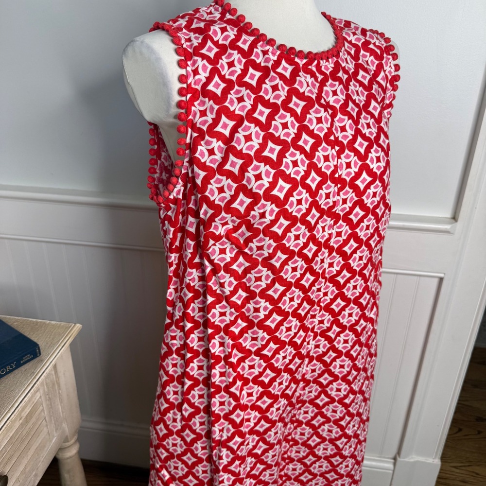 Boden Red Geometric Pom Pom Trim Shift Dress Womens 12R Pink White Sleeveless - Picture 2 of 6